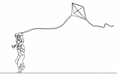 Tek bir çizgi, tek çizilmiş. Oğlu omuzlarında taşıyan, çocukla oynayıp koşan Arap bir baba. Babası ve çocuğu uçurtma uçururken beyaz arka planda izole edilmiş. Devamlı çizgi çizimi grafik vektörü
