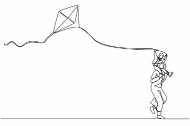 Tek sıra halinde baba-kız çizerek eğlenin, uçurtma uçurun. Arap baba kızını omuzlarında taşıyor. Mutlu baba ve çocuk birlikte boş zaman geçiriyorlar. Bir çizgi çizimi grafik tasarım vektörü