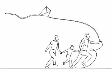 Tek sıra halinde uçan uçurtmayla koşan mutlu bir aile çiziyor. Anne, baba ve oğul uçurtma fırlatıyor. Açık hava eğlence aktiviteleri. Modern sürekli çizgi çizimi tasarım grafik vektör çizimi
