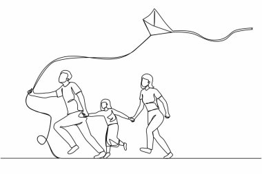 Tek sıra halinde uçan uçurtmayla mutlu bir aile çiziyor. Gülümseyen anne, baba ve küçük kızları yaz festivalinde uçurtma uçuruyorlar. Modern sürekli çizgi çizim grafik vektörü