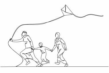 Uçurtma uçuran mutlu Arap ailesini çizmeye devam et. Anne, baba ve küçük kızları yaz festivalinde uçurtma uçuruyorlar. Tek çizgi tasarım vektör grafik çizimi