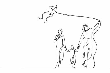Tek sıra halinde, anne ve babasıyla parkta yürüyen bir Arap aile hafta sonu çiziyor. Eğlenceli bir aile koşusu, tatilde doğada dinlenme. Baba, anne, kız uçurtmayı fırlatıyor. Devamlı çizgi çizim tasarım vektörü
