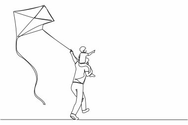 Ardı ardına gelen tek sıra. Baba, mutlu oğlana açık havada uçurtma uçurtması veriyor. Baba, gülen oğlunu omuzlarında taşır ve kırsalda uçurtma uçurur. Bir çizgi çizme tasarım vektörü