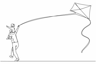 Geriye doğru bakan tek çizgi mutlu aile babası kızını omuzlarında taşırken uçurtmayla koşuyor. Baba ve kız çocuğu birlikte boş zaman geçiriyorlar. Devamlı çizgi çizimi grafik vektörü