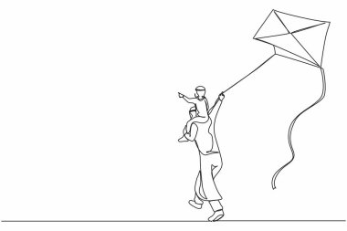 Bir çizgi aralıksız geri çekiliyor. Arap babası, mutlu çocuğa açık havada uçurtma uçururken sırt üstü binmesini sağlıyor. Baba oğlunu omuzlarında taşır ve kırsalda uçurtma uçurur. Tek çizgi çizme tasarım vektörü