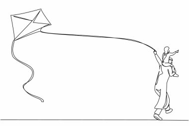 Mutlu bir Arap babasının uçurtmayla koşan kızını omuzlarında taşıdığı tek sıra. Baba ve kız çocuğu birlikte boş zaman geçiriyorlar. Devamlı çizgi çizimi grafik vektörü