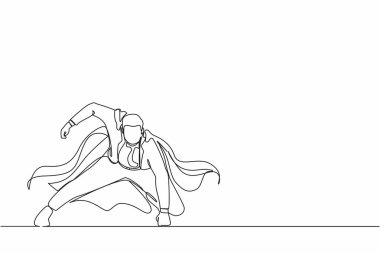 Devamlı bir çizgi halinde, güçlü bir harekette süper kahraman mantosuyla genç iş adamlarını kendine çekiyor. Ofis çalışanı kariyer başarısı için savaşmaya hazır. Tek çizgi çizimi tasarım vektörü grafik çizimi
