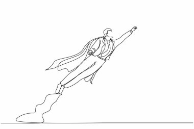 Tek sıra halinde, süper iş adamı elini kaldırdı ve havada uçtu. İş dünyasının süper kahramanı kavramı, finansal, büyüme, kariyer. Modern sürekli çizgi çizimi tasarım grafik vektör çizimi