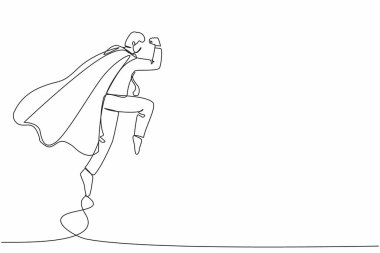 Tek sıra halinde süper kahraman işadamı savuşturma darbesi. Süpermen kostümü ve manto giymiş adam dövüşten sonra ayakta duruyor. Zafer, kazanan konsept. Modern sürekli çizgi tasarımı grafik vektör çizimi