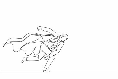 Tek sıra halinde süper kahraman iş adamının sorunu çözmesine neden oluyor. Engelleri ortadan kaldırmak. Kazanmak için motivasyon, güvenilir liderlik. Bir çizgi çizimi grafik tasarım vektör çizimi