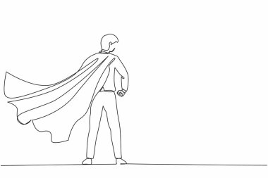 Tek sıra halinde pelerinli süper kahraman rüzgarda çırpınıyor. Sırtını kolluyor. Başarılı iş adamı kahramanı. İş başarısı, liderlik ve zafer. Bir çizgi çizimi grafik tasarım vektörü