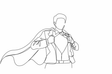 Tek sıra halinde, takım elbiseli, kravatlı yakışıklı bir genç. Başarılı bir iş adamı. Kahraman, gömleğini yırtıyor. Modern sürekli çizgi çizimi tasarım grafik vektör çizimi