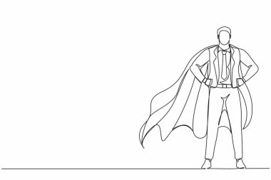 Tek sıra halinde, süper kahraman pelerini giyen bir iş adamı. Süper kahraman gibi giyinmiş bir iş adamı. Başarılı iş adamı pelerinli süper kahraman. Devamlı çizgi çizimi grafik vektörü