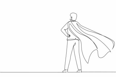 Takım elbiseli ve pelerinli kendine güvenen bir işadamı. Başarılı bir süper kahraman girişimci olarak. Liderlik, başarı ve kariyer. Tek çizgi çizimi tasarım vektörü grafiği