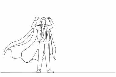 Tek satır halinde iş adamı süper kahraman karakteri, ofis çalışanı süper kahraman. Pelerinli ya da pelerinli bir iş adamı, süper kahraman pozunda duruyor. Aralıksız çizgi çizimi tasarım grafik vektör çizimi