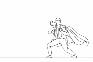 Megafonla konuşan tek bir süper kahraman çizgisi. Pelerinli bir süper kahraman, elinde megafon tutan mutlu bir iş adamı, başarılı bir takım lideri. Dinamik bir çizgi çizer grafik tasarım vektörü çizer