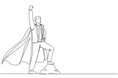 Ofis kıyafetli süper kahraman iş adamının peleriniyle yukarı doğru uçması. Neşeli adam başarısından dolayı sevinçle yumruğunu kaldırıyor. Tek çizgi tasarım vektör grafik çizimi