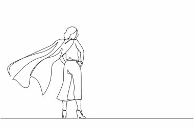 Tek sıra halinde pelerinli süper kahraman rüzgarda çırpınıyor. Sırtında duruyor. Başarılı bir iş kadını kahramanı. İş başarısı, liderlik ve zafer. Bir çizgi çizimi grafik tasarım vektörü