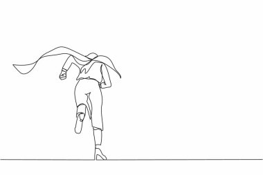 Ofise koşan iş kadını süper kahraman olarak geriye doğru bakan tek satır. Güçlü iş kadını fikirlere, yeniliğe hevesli. Modern sürekli çizgi çizimi tasarım grafik vektör çizimi