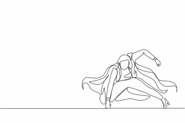 Devamlı bir çizgi halinde, süper kahraman mantolu iş kadını güçlü bir harekette bulunuyor. Ofis çalışanı kariyer başarısı için savaşmaya hazır. Tek çizgi çizimi tasarım vektörü grafik çizimi