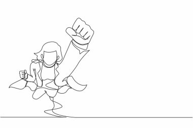 Tek sıra halinde, pelerin giyen süper kahraman bir iş kadını. Yönetici, kollarını sıkarak uçuyor. Süper iş kadını öne doğru uçuyor. Devamlı çizgi çizimi tasarım vektörü illüstrasyonu