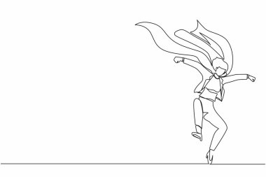Tek sıra halinde pelerinli kadın iş kadını süper kahraman. Gökyüzünden başarılı bir süper kahraman indi. Liderlik, hedefe ulaşmak için meydan oku. Dinamik bir çizgi grafik tasarım vektörü