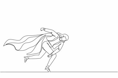 Tek satır halinde, süper kahraman iş kadını sorununu çözüyor. Engelleri ortadan kaldırmak. Kazanmak için motivasyon, güvenilir liderlik. Devamlı çizgi tasarımı grafik vektör illüstrasyonu