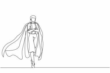 Devamlı olarak genç bir iş kadını ya da ofis çalışanı, pelerinli süper kahraman çiziyor. İş hayatında liderlik ve güç kavramı. Tek çizgi çizimi tasarım vektörü grafik çizimi