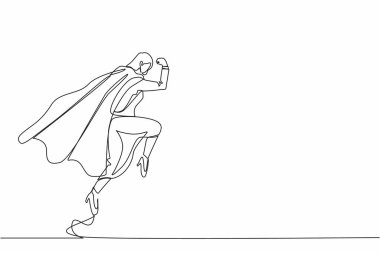 Devamlı bir çizgi, süper kahraman iş kadını savuşturma darbesi. Kadın süper kadın kostümü ve dövüş üstüne manto giymiş. Zafer, kazanan konsept. Tek çizgi tasarım vektör grafik çizimi