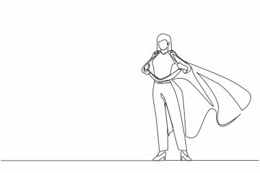 Güçlü bir süper kahramanın gerçek kimliğini ortaya koyan tek sıra iş kadını. Süper kahraman tişörtünü yırtıyor ve kostüm giyiyor. Dinamik bir çizgi çizer grafik tasarım vektörü çizer