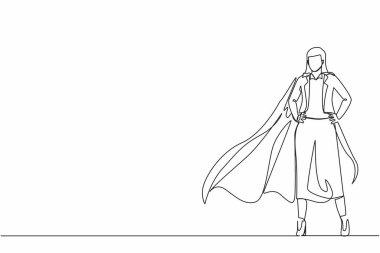 Süper kahraman pelerini giyen iş kadınlarını çeken tek sıra. Süper kahraman gibi giyinmiş bir iş adamı. Başarılı iş kadını, pelerinli süper kahraman. Bir çizgi çizimi grafik tasarım vektörü