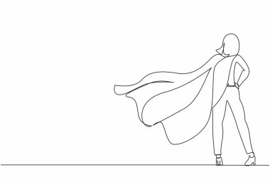 Tek sıra halinde, takım elbiseli ve pelerinli kendine güvenen bir iş kadını. Başarılı bir süper kahraman girişimci olarak. Liderlik, başarı ve kariyer. Bir çizgi çizimi grafik tasarım vektörü