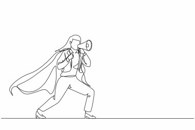 Megafonla konuşan genç süper kahramanı çizen tek satır. Pelerinli bir süper kahraman, elinde megafon tutan mutlu bir iş kadını, başarılı bir takım lideri. Aralıksız çizgi çizimi tasarım grafik vektör çizimi