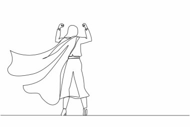 Devamlı tek sıra halinde, geriye doğru bakan süper iş kadını. Güçlü tabanlı ve takım elbiseli hoş bir kadın. İş hayatında başarı ve zafer. Pelerinli süper kahraman. Tek çizgi çizimi tasarım vektörü grafik çizimi