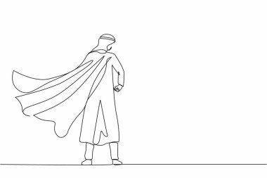 Tek sıra halinde pelerinli süper kahraman rüzgarda çırpınıyor. Sırtını kolluyor. Başarılı Arap iş adamı kahramanı. İş başarısı, liderlik, zafer. Bir çizgi grafik tasarım vektörü