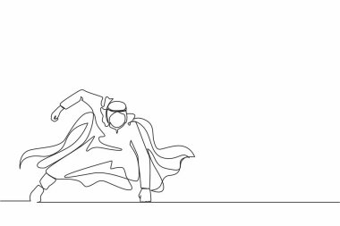 Aralıksız tek sıra halinde, güçlü bir harekette süper kahraman mantosuyla Arap iş adamlarını kendine çekiyor. Ofis çalışanı kariyer başarısı için savaşmaya hazır. Bir çizgi çizimi grafik tasarım vektör çizimi