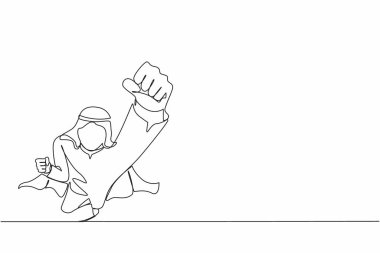 Tek sıra halinde, pelerin giyen süper kahraman Arap iş adamı. Yönetici lideri kollarını sıkarak havalanıyor. Süper iş adamı ileri uçar. Devamlı çizgi çizimi grafik vektörü