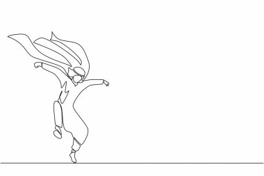 Sürekli olarak Arap bir iş adamının pelerinli süper kahramanını çiziyor. Gökyüzünden başarılı bir süper kahraman indi. Liderlik, hedefe ulaşmak için meydan oku. Tek çizgi tasarım vektör grafik çizimi