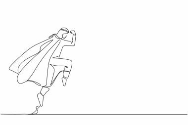 Tek sıra halinde, süper kahraman Arap iş adamını savuşturuyor. Süpermen kostümü ve manto giymiş adam dövüşten sonra ayakta duruyor. Zafer, kazanan konsept. Bir çizgi çizimi grafik tasarım vektör çizimi