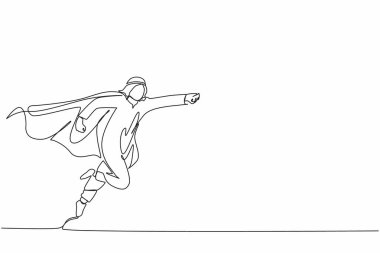 Süper Arap iş adamının yumruklarını sürekli çeken tek çizgi, çalışan süper kahraman uçuşu, iş konsepti gücü, başarı ve zorlukların üstesinden gelmek. Bir çizgi grafik tasarım vektör çizimi