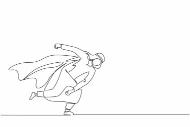 Süper kahraman Arap iş adamının sorunu çözmesini sağlayan tek satır devam ediyor. Engelleri ortadan kaldırmak. Kazanmak için motivasyon, güvenilir liderlik. Tek çizgi tasarım vektör grafik çizimi