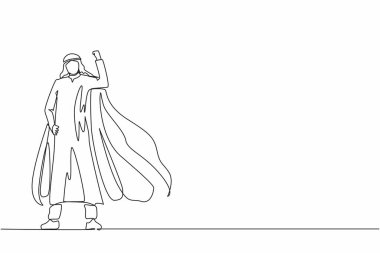 Tek çizgi halinde süper kahraman güçlü kas gösteriyor. Süper kahraman memur iş başında. Arap iş adamı karakteri süper kahraman. Ofis çalışanları. Aralıksız çizgi çizimi tasarım grafik vektör çizimi