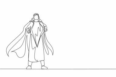 Genç Arap iş adamının çizdiği tek sıra güçlü süper kahramanın gerçek kimliğini açığa çıkarıyor. Süper kahraman tişörtünü yırtıyor ve kostüm giyiyor. Bir çizgi çizimi grafik tasarım vektör çizimi