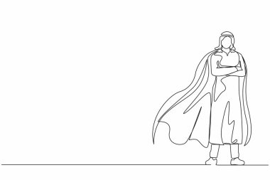 Tek sıra Arap işadamı ya da ofis çalışanı, pelerinli süper kahraman. İş hayatında liderlik ve güç kavramı. Aralıksız çizgi çizimi tasarım grafik vektör çizimi