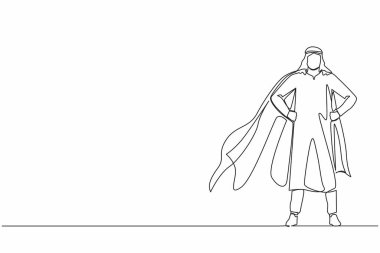 Süper kahraman pelerini giyen Arap işadamlarının çizdiği bir çizgi. Süper kahraman gibi giyinmiş bir iş adamı. Başarılı iş adamı süper kahraman. Tek çizgi tasarım vektör grafik çizimi