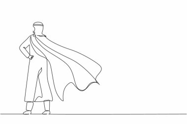 Aralıksız tek sıra halinde kendine güvenen Arap işadamı peleriniyle dikiliyor. Başarılı bir süper kahraman girişimci olarak. Liderlik, başarı ve kariyer. Tek çizgi çizimi tasarım vektörü grafiği