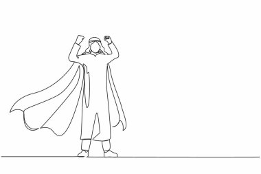 Arap iş adamı süper kahraman karakteri, ofis çalışanı erkek süper kahraman. Pelerinli ya da pelerinli bir adam, süper kahraman pozunda duruyor. Bir çizgi çizimi grafik tasarım vektör çizimi