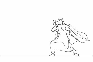 Tek satır halinde süper kahraman megafonla konuşuyor. Pelerinli süper kahraman, mutlu Arap iş adamı elinde megafon, başarılı takım lideri. Aralıksız çizgi çizimi tasarım grafik vektör çizimi