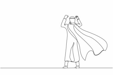 Süper Arap iş adamını geri çekmeyi sürdürüyor. Güçlü pozlarda genç bir adam. İş hayatında başarı ve zafer. Pelerinli süper kahraman. Tek çizgi çizimi tasarım vektörü grafik çizimi