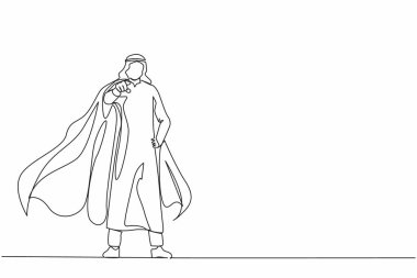 Tek sıra halinde, süper kahraman pelerinli Arap iş adamını çekiyor. Lider veya patron hedef göstererek strateji geliştirmeyi hedefler. Devamlı çizgi tasarımı grafik vektör illüstrasyonu